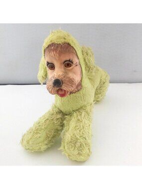 Vintage Rubber Face Dog Plush Toy Green Shaggy Fabric Mid-Century Style Hand-Sti